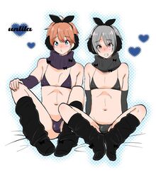 2boys black_socks blue_eyes bowties bra brown_eyes brown_hair bulge ear_muffs gray_hair heart male_only nagano_rira neck_warmer sitting trap