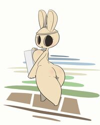 absurd_res animal_crossing anthro big_breasts blush breast_squish breasts coco_(animal_crossing) empty_eyes female genitals hi_res holding_object lagomorph leporid looking_back mammal mossyartburger nintendo nude open_mouth pussy rabbit rear_view side_view solo squish thick_thighs video_games walking white_body