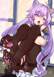 ahe_gao ass black_legwear brown_legwear censored cum cum_on_feet dress dripping feet female frilled_dress frills genshin_impact hair_cones hair_ears heart heart-shaped_pupils heart_censor highres implied_after_sex keqing_(genshin_impact) legs long_hair looking_at_viewer no_shoes open_mouth pantyhose paw_print purple_dress purple_eyes purple_hair pussy pussy_juice saliva soles symbol-shaped_pupils thighs tongue tongue_out twintails vibncent