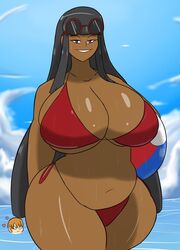 1boy 1boy1girl 1girls angry_face bbw beach beach_ball black_hair blonde_hair chubby_female clouds dark-skinned_female dark_skin eyewear_on_head huge_ass huge_breasts huge_butt igphhangout long_hair ms._canfield original_character pale-skinned_male pale_skin red_bikini sea sky smile sunglasses sunglasses_on_head tagme thick_thighs voluptuous wet_skin wide_hips