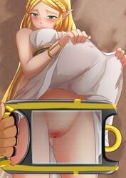 1girls blonde_hair blush breath_of_the_wild camera_rune demigoddess dress_lift exposed_pussy hayate_(artist) hylian looking_at_viewer princess_zelda pussy taking_picture the_legend_of_zelda thighs zelda's_ceremonial_robes zelda_(breath_of_the_wild)