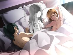 3girls armpits bed bedroom big_breasts breast_size_difference brown_hair female_focus female_only green_hair indoors jujutsu_kaisen kasumi_miwa kugisaki_nobara morning_after multiple_girls nipples sleeping translation_request voice_actor_connection yuri zenin_maki