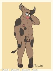 absurd_res balls big_balls blush bovid bovine brown_body brown_fur cattle foreskin fur genitals green_eyes hi_res hooves horn looking_at_viewer male mammal nipples penis promedio simple_background slightly_chubby solo spots uncut