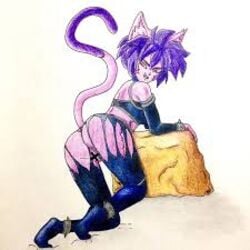 ass domestic_cat dragon_ball dragon_ball_super hop_(dragon_ball) instagram_username looking_at_viewer looking_back low_res low_resolution purple_fur