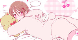 1boy blush brown_hair cherry fake_tail heart hoodie mouth_closed nagano_rira pink_eyes pink_hoodie stockings teddy_bear trap