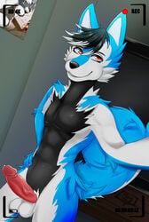 amber_eyes anthro black_body black_fur blue_body blue_fur bodily_fluids canid canine canis domestic_dog erection fur genital_fluids genitals hi_res humanoid_genitalia humanoid_penis husky male male/male mammal moonfluffmf nordic_sled_dog penis precum selfie solo spitz white_body white_fur