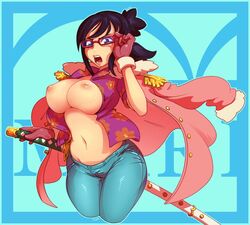 areolae belly_button big_breasts black_hair blue_background breast_slip breasts clothing female female_only jeans justrube large_breasts looking_at_viewer midriff nipple_slip nipples one_piece open_clothes purple_eyes red_glasses red_gloves rube sweat sword tashigi thick_thighs topless wardrobe_malfunction wide_hips