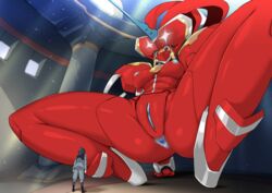 1boy 1girls absurdres android anus arm_support ass black_hair blue_anus blue_nipples blue_pussy breasts clitoris darling_in_the_franxx female full_body giantess high_resolution highres hiro_(darling_in_the_franxx) horn hybrid looking_at_another looking_down looking_up male nipples pochincoff pussy red_breasts red_eyes red_skin robot robot_girl size_difference smile spread_legs strelizia uncensored underboob uniform