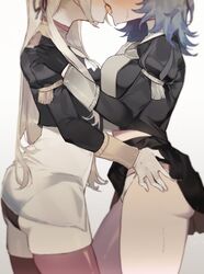 2girls ass ass_grab black_gloves blue_eyes blush breasts byleth_(fire_emblem) byleth_(fire_emblem)_(female) cape edelgard_von_hresvelg fire_emblem fire_emblem:_three_houses french_kiss garreg_mach_monastery_uniform gloves grabbing grabbing_another's_ass groping hair_ornament hair_ribbon head_down highres kiss long_hair meunhongcha multiple_girls nintendo panties purple_eyes ribbon saliva sweat underwear uniform water_surface white_gloves white_hair yuri