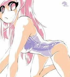 all_fours ami_(gwain_saga) geoexe geoexe_(artist) gwain_saga looking_at_viewer official_art pink_eyes pink_hair swimsuit wet wet_hair wet_swimsuit