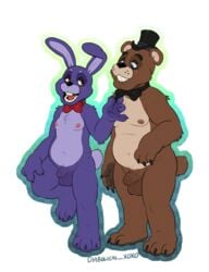 2boys balls blue_eyes bonnie_(fnaf) clothing five_nights_at_freddy's freddy_(fnaf) genitals hat headgear headwear lagomorph male male_only mammal penis purple_eyes spooktoons top_hat ursid video_games