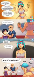 1girls 2boys 4koma alternate_breast_size big_breasts breasts bulma_briefs bulma_briefs_(frieza_saga) cleavage comic dragon_ball dragon_ball_z drunk english_text female funny humor krillin kuririn large_breasts male nortuet profanity sad shounen_jump son_gohan underwear underwear_only