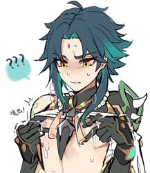 1boy beads blush dark_hair genshin_impact gloves jewelry kanatia110 lactation male male_only milk multicolored_hair nipple_play nipples shirt_lift solo streaked_hair white_background xiao_(genshin_impact)