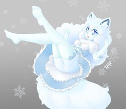 absurd_res alolan_vulpix anthro armwear blasticussaturn blue_eyes bow clothing dress elbow_gloves female fur genitals gloves hair handwear hi_res inner_ear_fluff leggings legwear looking_at_viewer nintendo open_mouth pokemon pokemon_(species) pussy regional_form_(pokémon) signature simple_background snowflake solo thigh_highs tuft upskirt video_games vulpix white_body white_fur white_hair