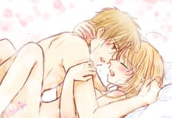 1boy 1boy1girl 1girls 2021 arm_around_neck blonde_hair brown_eyes brown_hair canon_couple cardcaptor_sakura closed_eyes completely_nude couple female from_side half-closed_eyes hetero hetero_sex heterosexual human human_only implied_sex kanaoto_neiro lying male male_and_female_focus missionary nude on_back open_mouth romantic romantic_ambiance romantic_couple romantic_sex sakura_kinomoto saliva saliva_trail short_hair_with_long_locks shoulder_blades sidelocks sketch straight straight_sex syaoran_li tears wholesome young