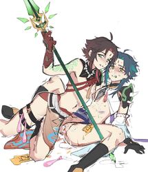 2boys arm_markings beads blood bodily_fluids bruise bruises creampie crying cum cumshot dark_hair gay genshin_impact jewelry male multicolored_hair rape redxiao selfcest spear streaked_hair tareme used_condom weapon white_background xiao_(genshin_impact)