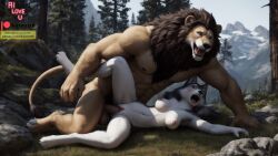 ai_generated anthro breasts exterior forest furry large_male lion mountain nipples on_side open_mouth penetration pussy sex size_difference smaller_female stable_diffusion wolf wolf_girl