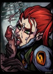 1girls aeldari blowjob cum_on_face dialogue eldar english_text female green_eyes imperium_of_man pale_skin pubic_hair red_hair rogue_trader rogue_trader_(video_game) tagme text warhammer_(franchise) warhammer_40k yrliet_lanaevyss zulidian