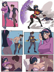 1boy 1girls alternate_ass_size alternate_body_type alternate_breast_size blush bra brown_hair cleavage clothing comic disney eyewear female footwear gewd-boi gigantic_breasts handwear huge_breasts human implied_sex lip_biting male mask muscular_male panties pillow pixar running smile smooth_skin superheroine the_incredibles tony_rydinger undressing violet_parr