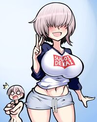 2girls bare_midriff belly_button big_breasts breasts covering_breasts grey_hair hair_over_eyes joeydrawss multiple_girls nude nude_female short_hair shorts sisters solo_focus tagme uzaki-chan_wa_asobitai! uzaki_hana uzaki_yanagi