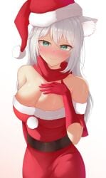 1girls anti_(phantom_forces) big_breasts blush cat_ears christmas female green_eyes kayyski phantom_forces red_clothing roblox roblox_game robloxian santa_hat smile solo solo_focus tagme white_background white_hair