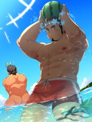 2boys abs armpit armpits ass bulge completely_naked completely_nude half-dressed half_clothed half_naked half_nude male male_focus male_only muscles muscular muscular_male naked nipple nipples nude nude_male nudity pecs pectorals six_pack swimming_trunks swimwear water_on_body wet_body