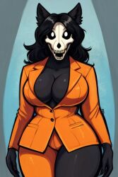 1girls ai_generated anthro areolae big_breasts black_fur black_hair bright_pupils canine canine_skull d-class fangs female furry hair hips mal0 malo nipples nude only_female open_clothes orange_clothing prison_clothes prison_uniform scp-1471 scp-1471-a scp_foundation skull thick_thighs thighs white_pupils