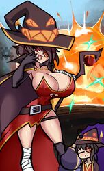 2021 aged_up bare_thighs big_breasts breasts breasts_bigger_than_head cleavage corset dream huge_breasts joeydrawss kono_subarashii_sekai_ni_shukufuku_wo! magician megumin sleeping_on_breasts tagme thin_waist