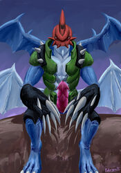 2021 absurd_res anthro armor arthropod big_claws blue_body claws digimon digimon_(species) digital_media_(artwork) dragon erection genitals headgear helmet hi_res horn hybrid insects looking_at_viewer male markings membrane_(anatomy) membranous_wings multi_wing paildramon penis presenting presenting_penis red_eyes scalie sitting solo spikes spreading t-ace_juice white_body wings