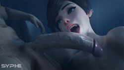 1boy 1girls 3d big_penis blizzard_entertainment brown_hair dark_room ear_piercing fellatio female hazel_eyes huge_cock licking licking_penis light-skinned_male looking_at_partner no_penetration open_mouth oral overwatch overwatch_2 smile syphe tongue tongue_on_penis tongue_out tracer