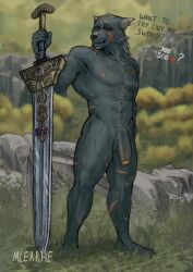 absurd_res anthro balls big_sword blaidd_(elden_ring) canid canine canis elden_ring flaccid foreskin fromsoftware front_view furry genitals greatsword hi_res holding_object holding_sword holding_weapon humanoid_genitalia humanoid_penis male male_only mammal melee_weapon mlerrhe muscular muscular_anthro muscular_male nude outside pecs penis scar solo standing strip_game sword warrior weapon wolf