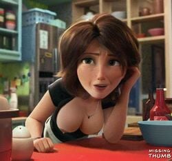 1girls 3d accurate_art_style animated areolae aunt_cass big_hero_6 breasts breasts_out brown_hair cass_hamada curvy disney edit erect_nipples female female_only gif green_eyes kitchen large_breasts light_skin marvel medium_hair milf missingthumb nipples red_lipstick solo