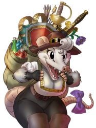 2023 accessory alpha_channel american_opossum anthro armor arrow_(weapon) big_breasts black_body black_eyes bow_ribbon breasts chochi cleavage clothed clothing cork fangs female flower fully_clothed furgonomics hair hat headgear headwear hi_res lila_(chochi) mammal marsupial melee_weapon open_mouth pink_body plant ranged_weapon ribbons sack shield simple_background solo sword tail tail_accessory tail_bow tail_ribbon teeth transparent_background vial virginia_opossum weapon white_hair