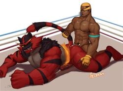 2boys :o abs absurdres alternate_pectoral_size anal animal_ears ass black_hair boxing_ring buzz_cut cat_boy cat_ears cat_tail catboy colored_sclera completely_nude cum cum_while_penetrated dark-skinned_male dark_skin drooling full_body furry gay highres human incineroar interspecies large_pectorals lying male male_focus male_only male_pubic_hair marshal_(pokemon) multicolored_hair multiple_boys muscular muscular_male navel navel_hair nipples nude on_stomach orange_hair penis personification pokémon_(species) pokemon pubic_hair red_fur reward_available sex short_hair sideburns size_difference spread_legs stomach sweat tail tail_grab thick_thighs thighs two-tone_hair very_short_hair whyhelbram yaoi yellow_sclera