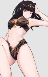 1girls armpits baldur's_gate baldur's_gate_3 bare_arms bare_legs black_hair bra breasts brown_eyes cosplay dungeons_and_dragons female female_only fire_emblem fire_emblem_awakening grey_background hair_ornament hand_on_own_head highleg highres long_hair looking_at_viewer lying medium_breasts midriff navel nintendo panties patterned_clothing purple_bra purple_panties serafineart1001 shadowheart solo tharja_(fire_emblem) tiara twitter_username underwear