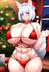 1girls abs ai_generated azur_lane bikini christmas christmas_lights christmas_outfit christmas_tree fox_girl huge_breasts indoors kaga_(azur_lane) santa_bikini santa_costume self_upload spyrodragon2003 tagme