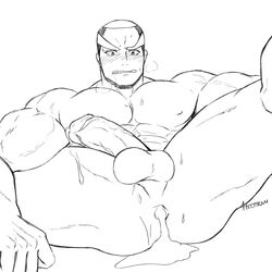 1boy abs absurdres alternate_pectoral_size anus bara blush breath buzz_cut completely_nude cum cum_in_ass cum_inside cum_while_penetrated greyscale highres implied_yaoi large_pectorals large_penis male male_focus male_only male_pubic_hair marshal_(pokemon) monochrome muscular muscular_male nipples nude penis pokemon pubic_hair short_hair solo spread_anus stomach thick_thighs thighs very_short_hair whyhelbram