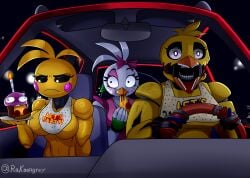 3girls big_breasts breasts car car_interior driving female five_nights_at_freddy's glamrock_chica_(fnaf) in_car meme motor_vehicle multiple_girls rakoongrey silly steering_wheel thick_thighs toy_chica_(fnaf) wide_hips withered_chica