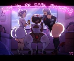 1girls 2boys big_ass_(male) black_body blackwhiplash bwl character_plushie company_connection dark-skinned_femboy dark-skinned_male femboy femboy_hospital fuuko_izumo huge_ass hyper_ass oc shounen_jump shueisha undead_unluck weekly_shonen_jump whiskers