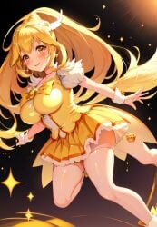 ai_generated blonde_hair blush clothing cure_peace dress happy large_breasts medium_breasts pretty_cure smile_precure thighs