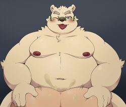 2023 anthro ass bear belly big_belly blush duo eyewear glasses hi_res human human_on_anthro interspecies kemono leib_(tas) lifewonders male mammal moobs navel nipples one_eye_closed overweight overweight_male polar_bear pomupomu490 sex simple_background tokyo_afterschool_summoners tongue tongue_out ursine wink