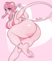 1girls 2020 2020s anthro ass bikini blue_eyes blush feet female female_only heart-shaped_pupils hi_res legendary_pokemon looking_at_viewer mew nintendo pink_hair pink_skin pokemon pokemon_(species) pokemorph solo succuboos tail thick_ass thick_thighs