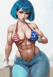 1girls 2d abs ai_generated american_flag_bikini athletic athletic_female bare_shoulders belly belly_button bikini_top bob_cut breasts busty cyan_eyes cyan_hair denim female freckles gloves happy_heart_panic heart-shaped_belt hips jeans light_pubic_hair lips looking_at_viewer muscular muscular_female nipple_slip pants pixai puffy_lips sam_(doggie_bones) self_upload short_hair simple_background standing thong_straps usa_bikini visible_areolae visible_ear white_gloves wide_hips