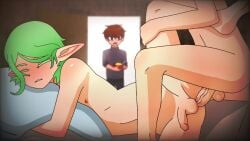 2boys :o anal anal_sex animated background balls blush blushing completely_naked completely_nude cum cum_in_ass cum_inside cute dick elf elf_ears elf_male eyelashes femboy feminine_male gay gay_sex genital_fluids girly grabbing green_hair holding holding_object light_skinned_male male_penetrating_male no_sound nude nude_male on_bed penetration penis selehyme_(artist) sex shocked tagme video yaoi