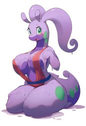 ai_generated anthro awokose big_breasts big_butt female_pokemon goodra huge_breasts nintendo one-piece pokémon_(species) pokemon pokemon_(species) romper slime slime_(substance) slime_girl slime_on_body thick_thighs