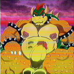 anthro big_penis bowser erection genitals hand_on_leg hand_on_thigh hi_res huge_cock humanoid koopa looking_at_viewer male male_only mario_(series) musclegut muscular nintendo nipple_piercing nipple_ring nipples penis piercing possbooty ring_piercing scalie solo super_mario_64 vhs_filter