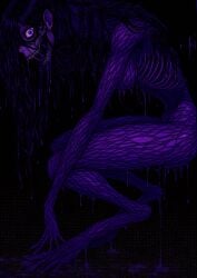 1girls 1girl solo solo_female female female_only female_focus humanoid monster_girl dark_skin purple_body purple_skin long_hair black_hair purple_eyes long_arms long_legs long_neck monster wide_mouth smile teeth breasts naked naked_female ribs ribcage bones visible_ribs dripping looking_at_viewer thick_thighs simple_background ai_generated mrnails horror horror_(theme) spooky breedable standing