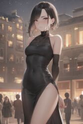 1girls ai_generated arm_sleeves black_dress black_hair blush crowd female lace looking_at_viewer mature_female public sexy_dress skin_tight_clothes skin_tight_dress small_breasts stable_diffusion