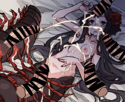 1girls 5boys areolae bed_sheet belly_button black_hair breasts bug_girl chiwa_(chi_wa13) cum cum_on_body cum_on_breasts cum_on_face drooling ejaculation flower_in_hair indie_virtual_youtuber insect_girl laying_down laying_on_bed light-skinned_female light-skinned_male light_skin millipede_girl mmmmmf_sixsome monster_girl nipples on_bed questionable_consent red_eyes red_nails renne_millenia rose_(flower) rose_in_hair sixsome virtual_youtuber white_bed_sheet