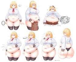 bbw big_breasts big_butt blonde_hair blush burping chubby cleavage digestion_noises fat female hat hololive hololive_english magnifying_glass miniskirt navel orristerioso panties shirt short_hair stockings sweat thick_thighs tie tight_clothing virtual_youtuber watson_amelia weight_gain